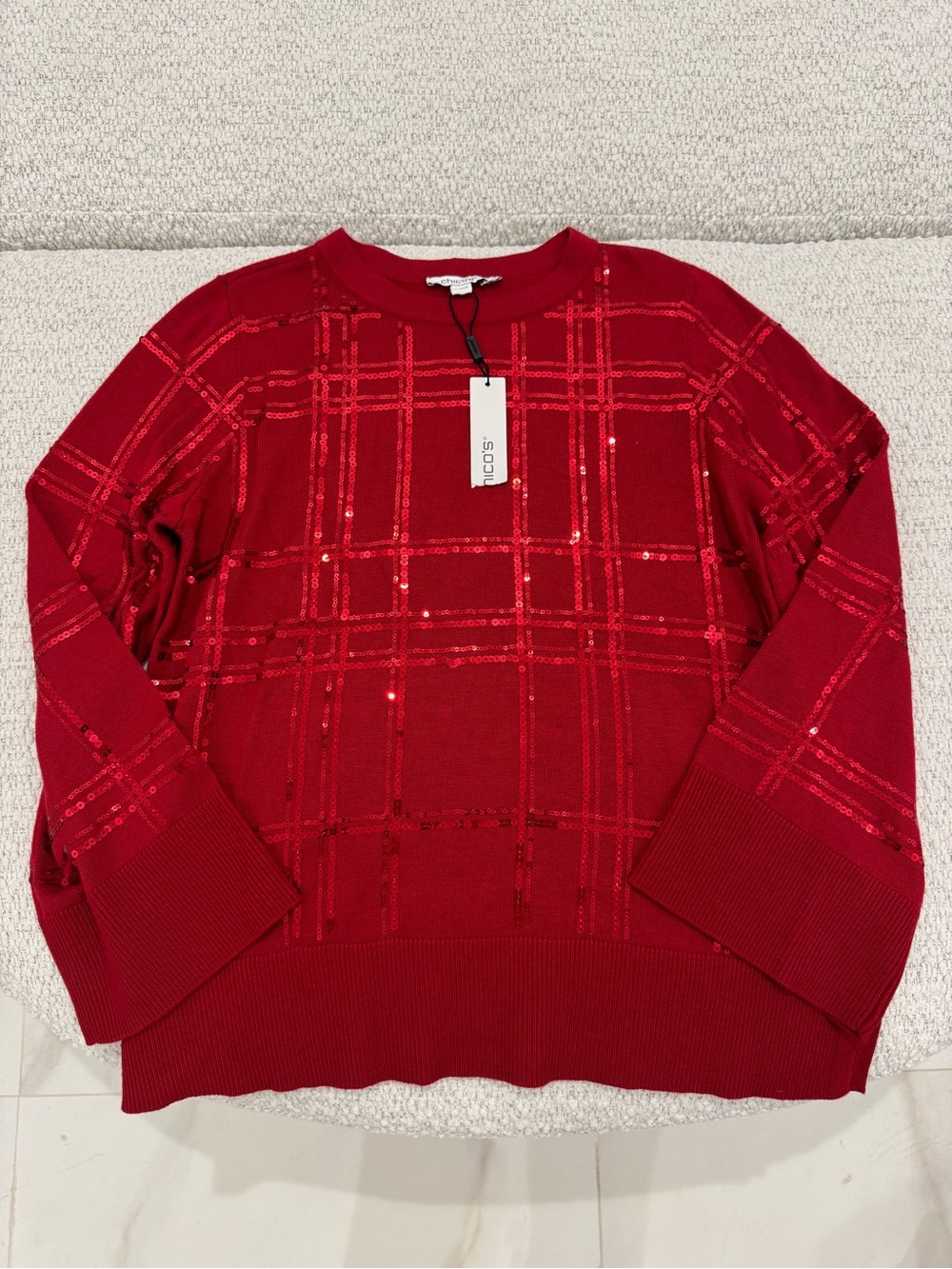 NWT Chico’s Red Sequin Crewneck Long Sleeve Sweater